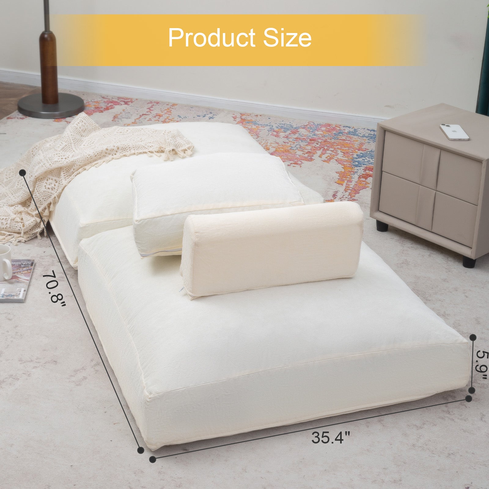 The size of Beige Folding Sofa is 35.4*35.4*11.8 inches