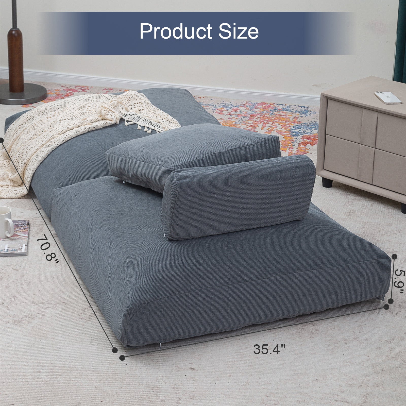 The size of Grey Folding Sofa is 35.4*35.4*11.8 inches