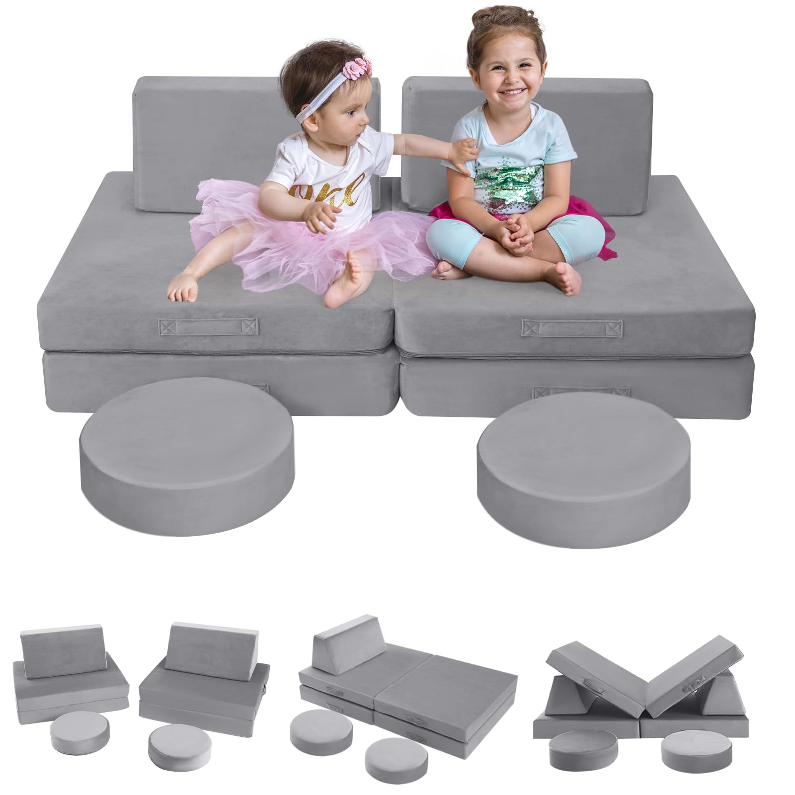 Two girls sitting on Glowsofa's Solid Grey 8 piece kids play couch set