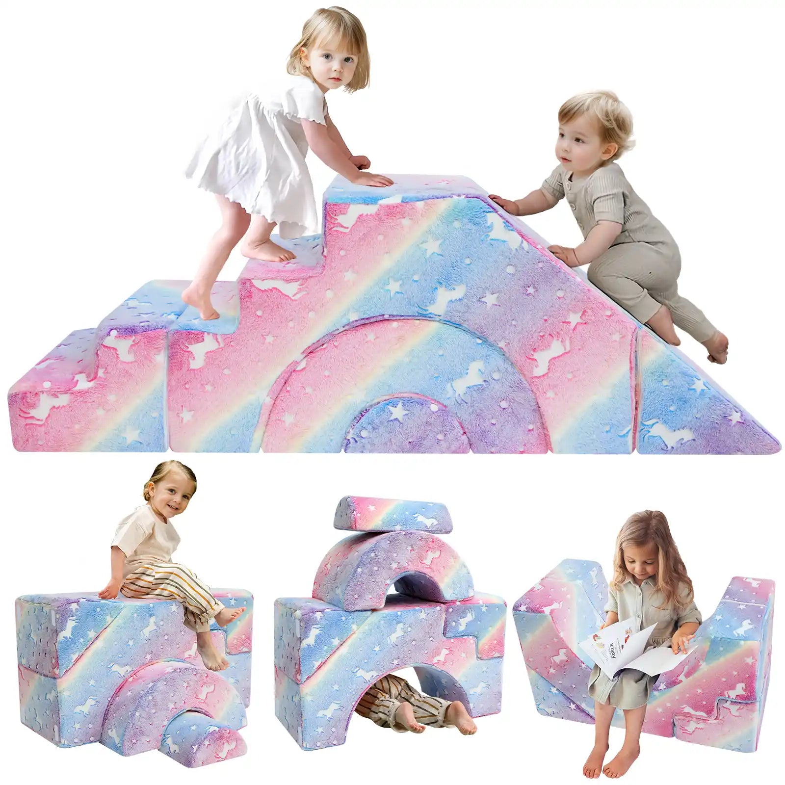 Kids climb and slide on the Glowsofa's Glowing Rainbow Climbing Kids Play Couch