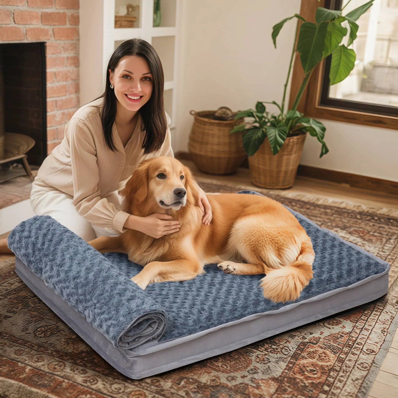 Comax's Orthopedic Dog Bed with blanket rolled up into a pillow when unzipped 