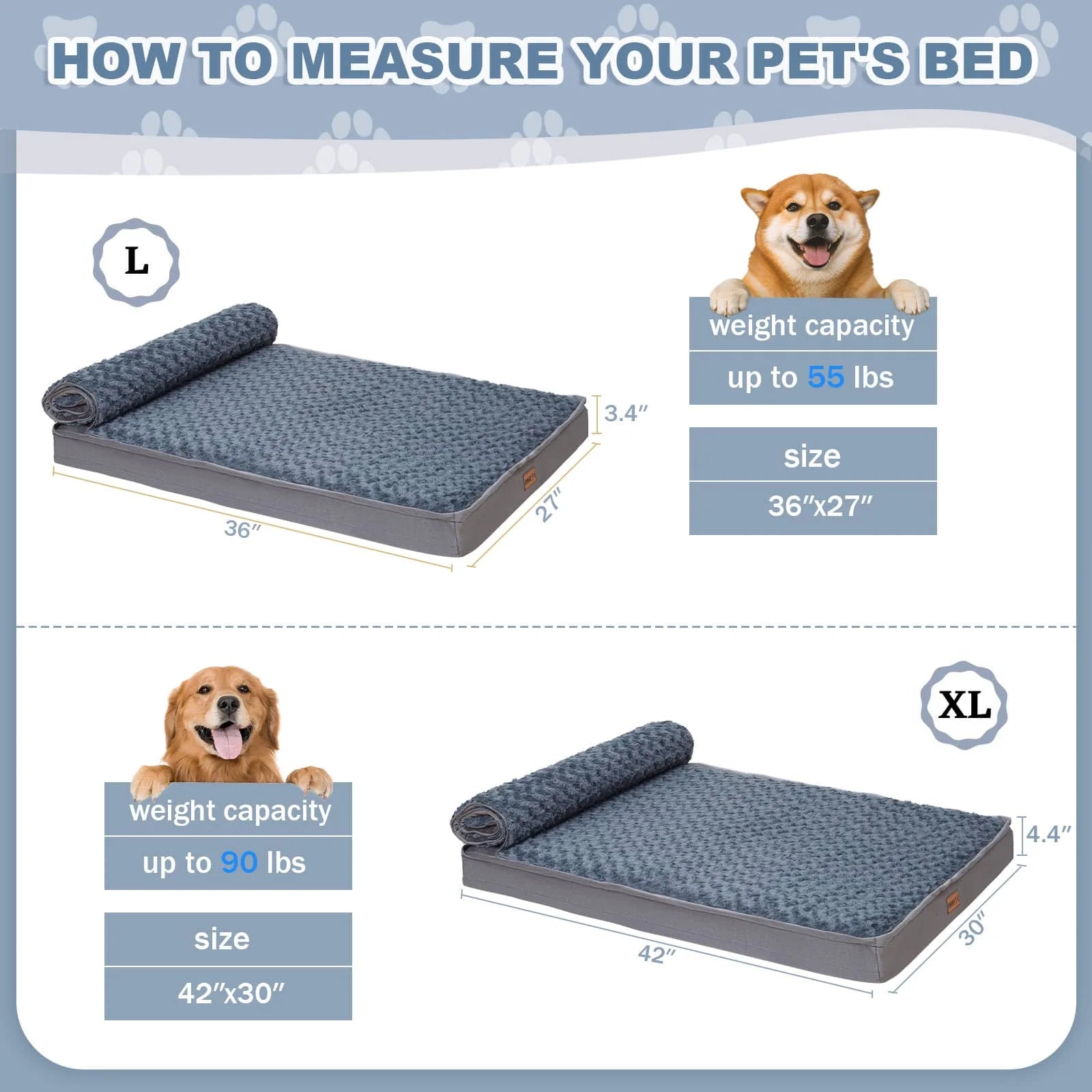 Size Guide: Large: 42in x 30in x 5.9in for XL dogs ≤ 60 lbs; Regular: 36in x 27in x 4in for dogs ≤ 50 lbs.