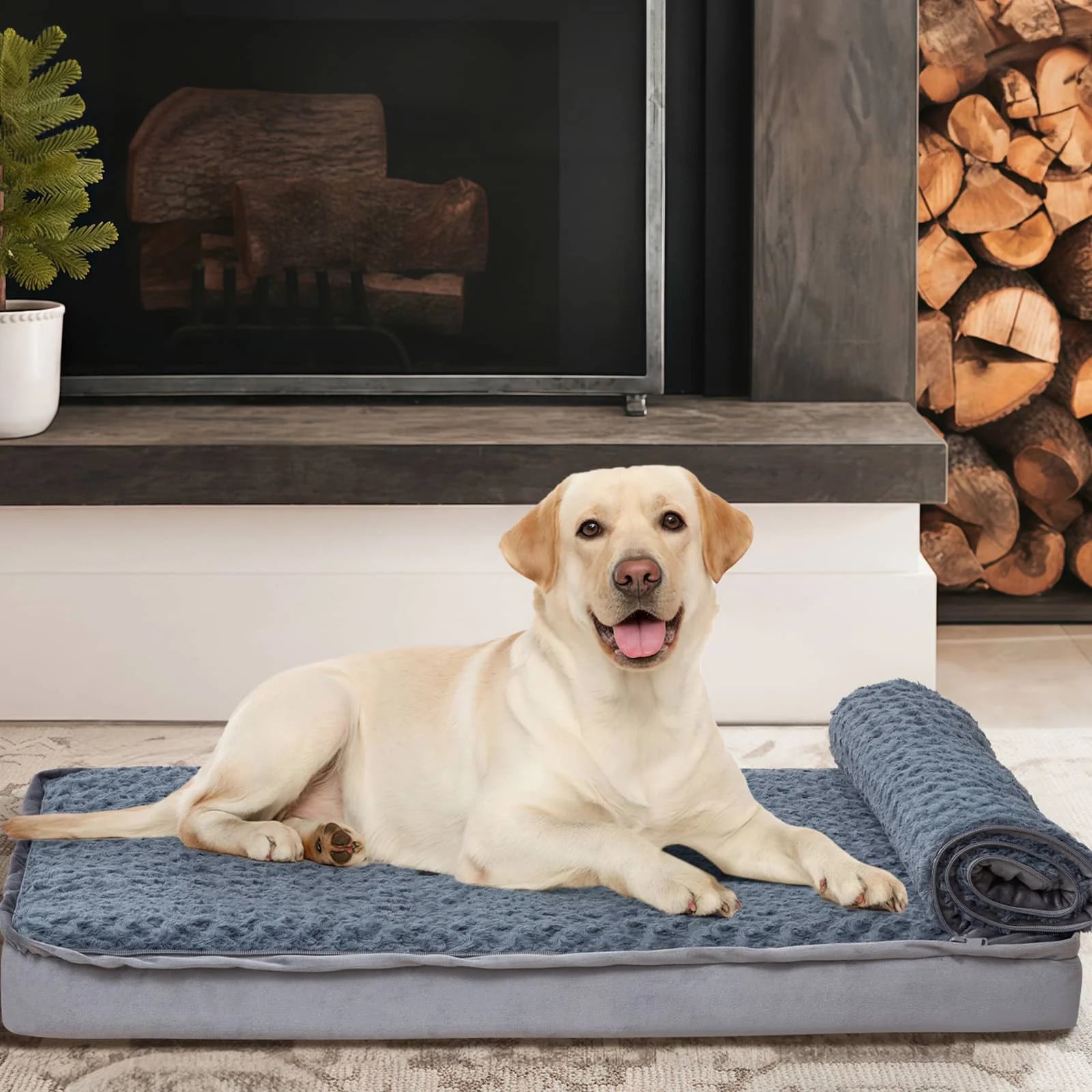 Comax's Orthopedic Dog Bed with blanket rolled up into a pillow when unzipped