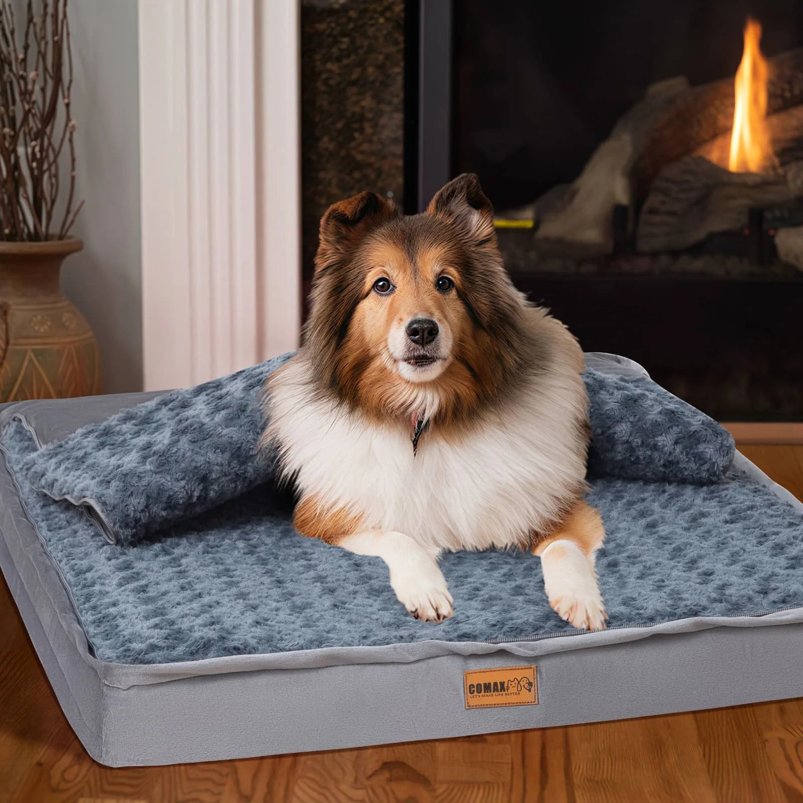 Comax's Orthopedic Dog Bed with its own blanket when unzipped 