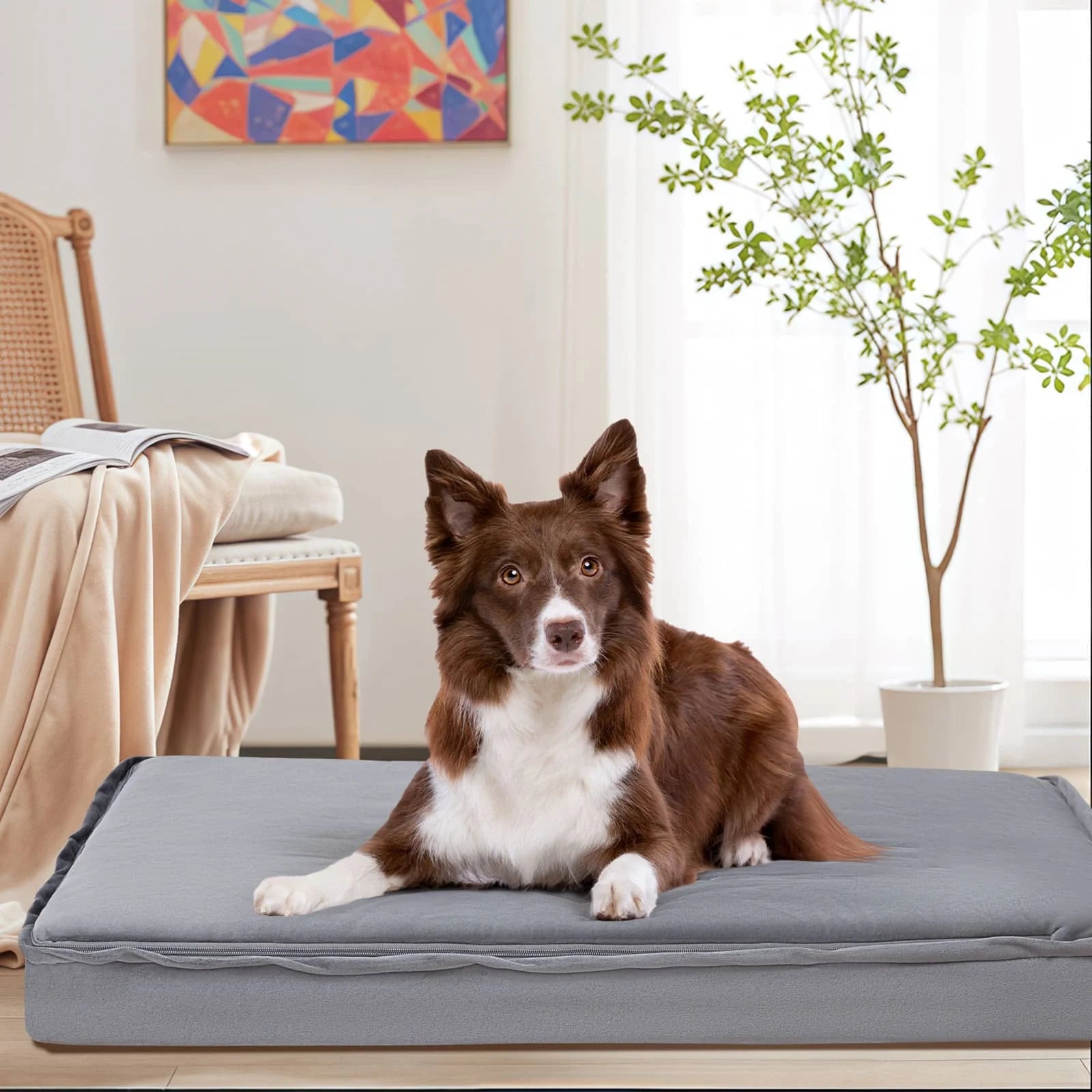 Puppy sprawled on zip up Comax's Orthopedic Dog Bed