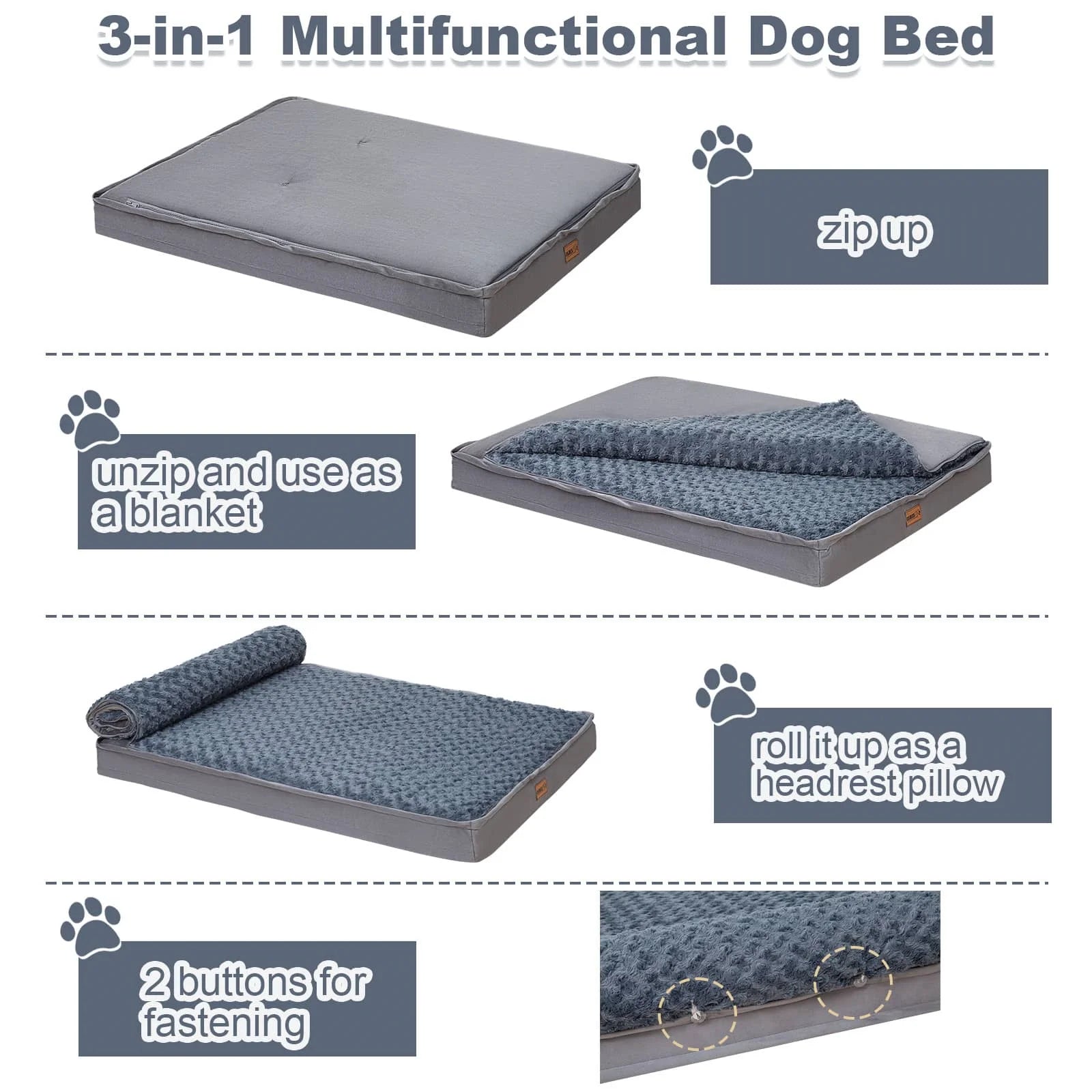 Comax's 3-in-1 dog bed turns into a scratch-resistant, soft dog bed, a cozy velvet-lined bed with an integrated blanket, and a supportive bed with a built-in pillow! 