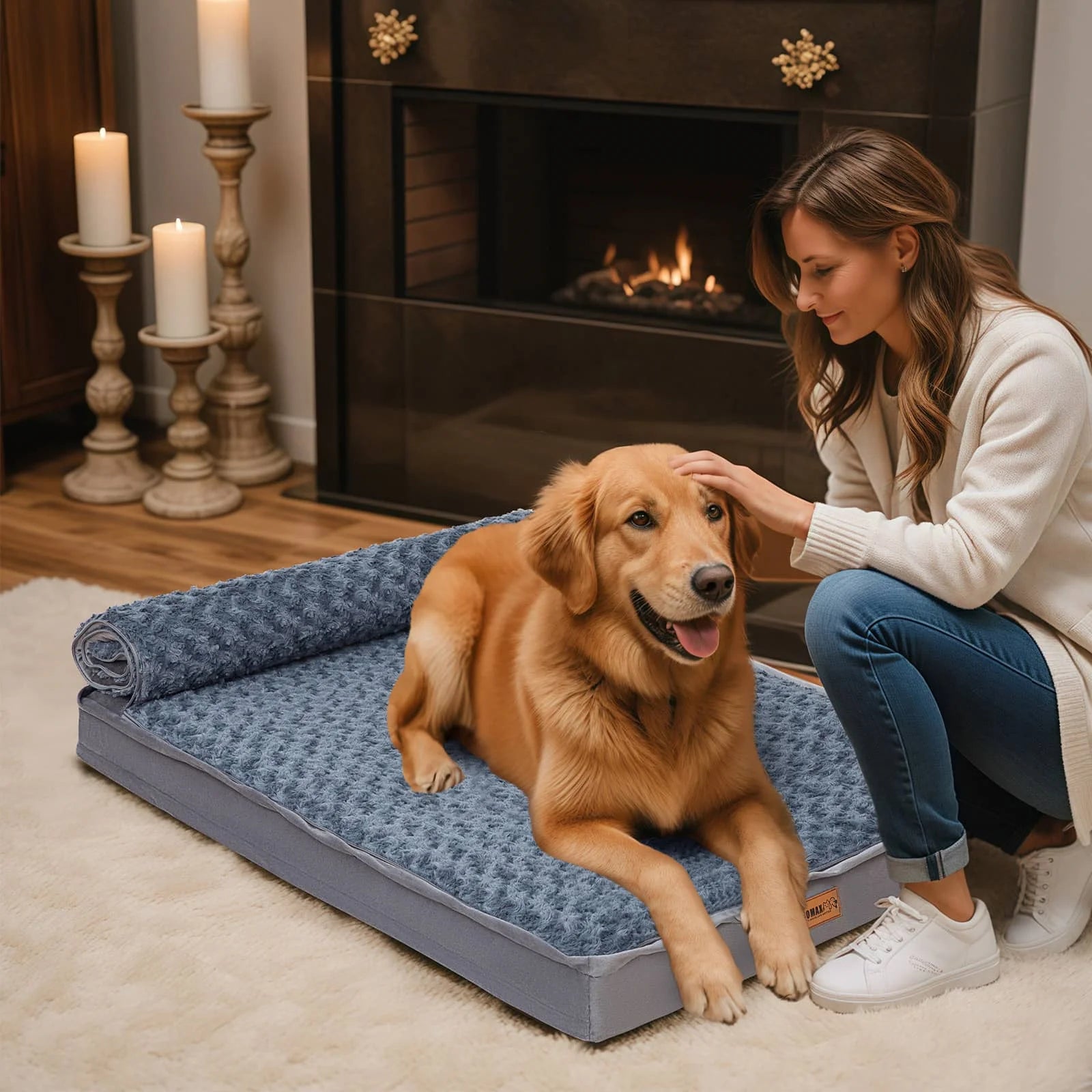 Comax's Large Dog Bed with blanket rolled up into a pillow when unzipped 