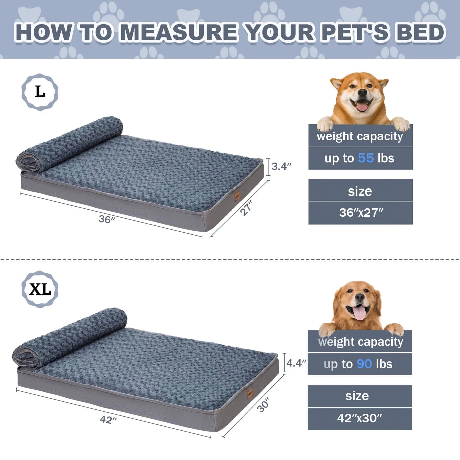 Size Guide: Large: 42in x 30in x 5.9in for XL dogs ≤ 60 lbs; Regular: 36in x 27in x 4in for dogs ≤ 50 lbs.
