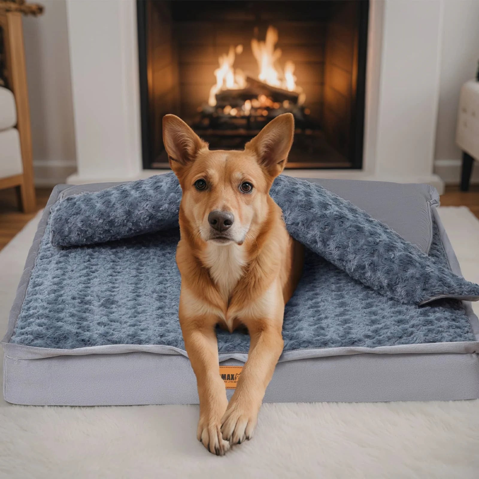 Comax's Large Dog Bed with its own blanket when unzipped 