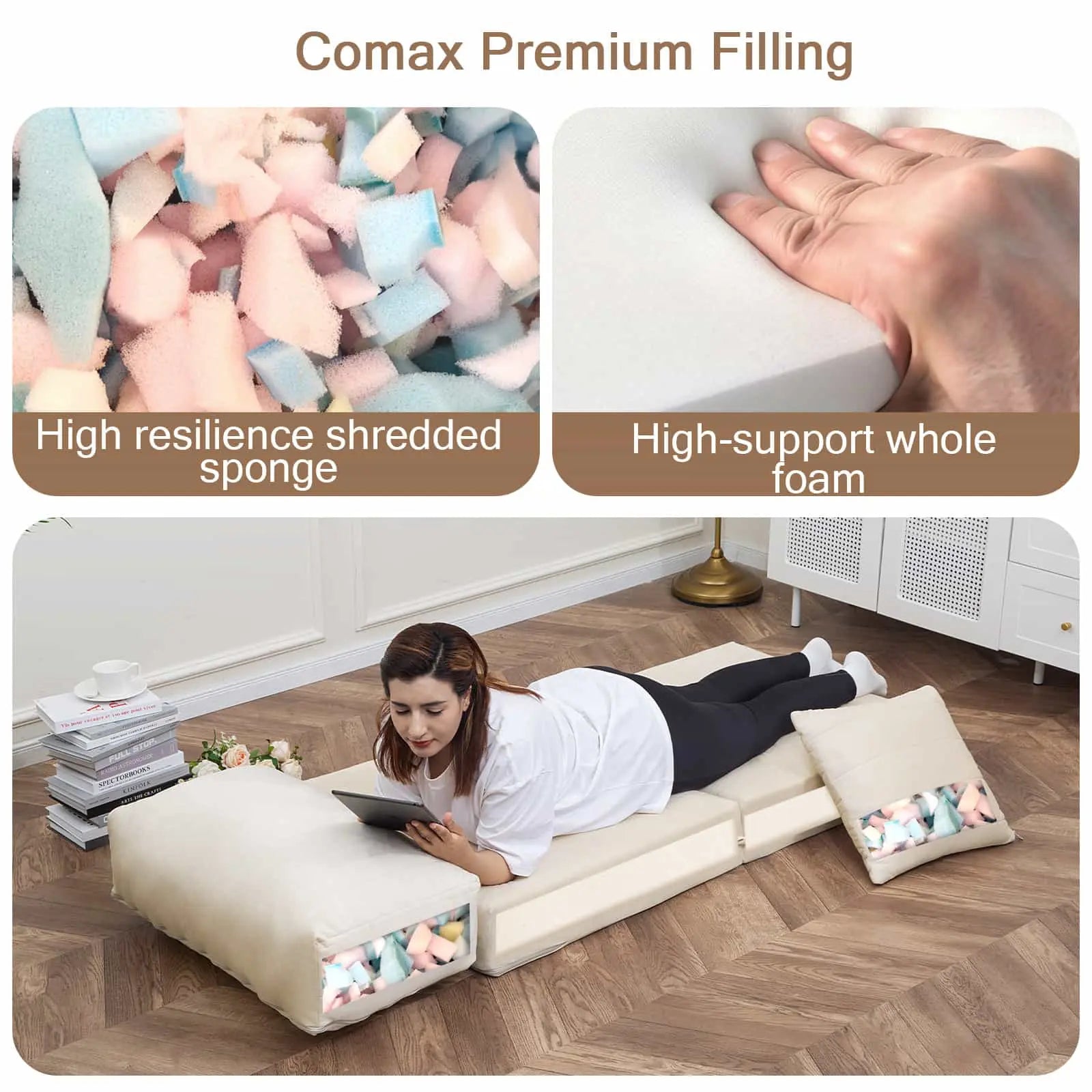 COMAX Folding Sofa Bed-Single|Beige body filled with high quality foam, pillow cushion filled with shredded foam.