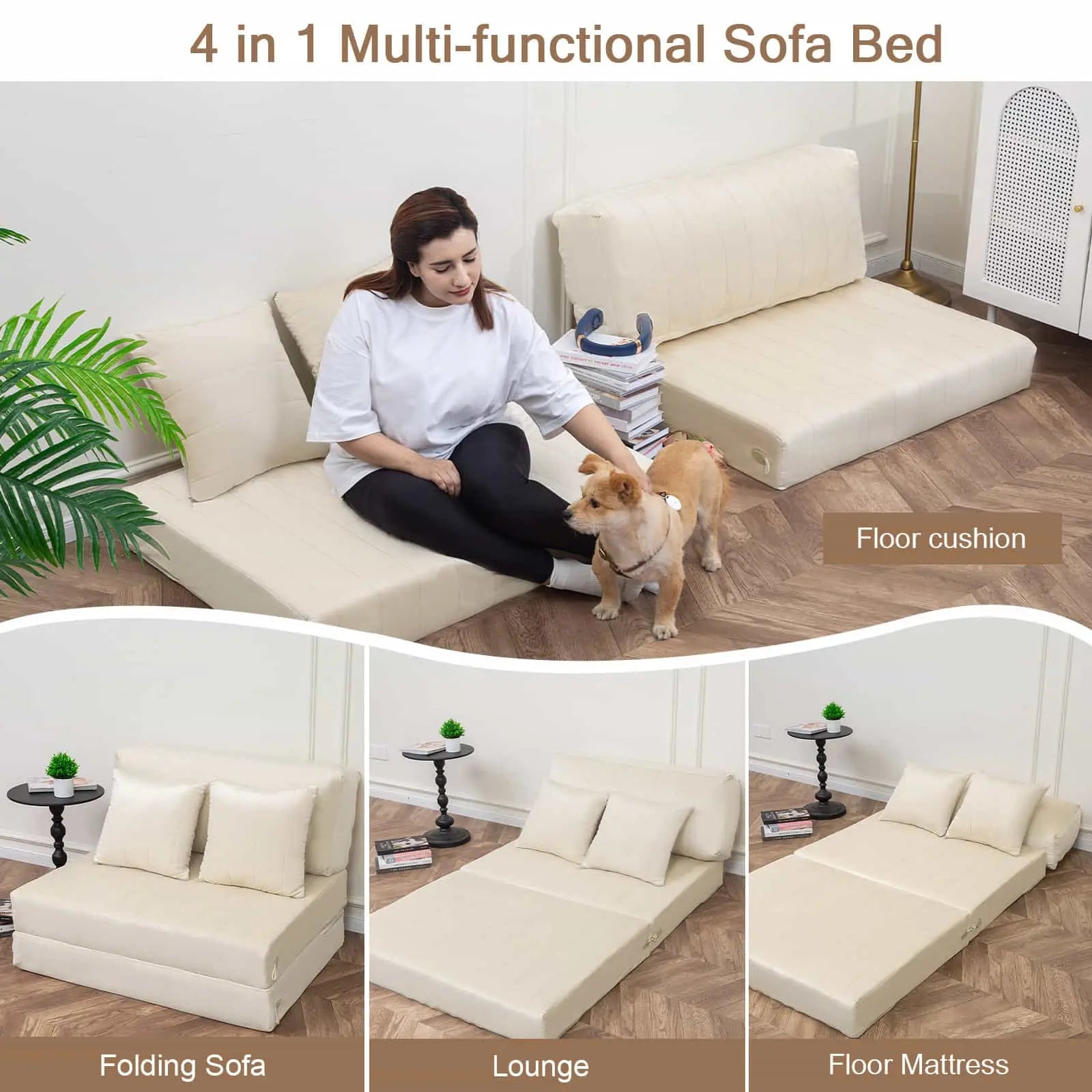 COMAX Folding Sofa Bed-twin|Beige can be turned into a folding sofa, recliner, floor mattress