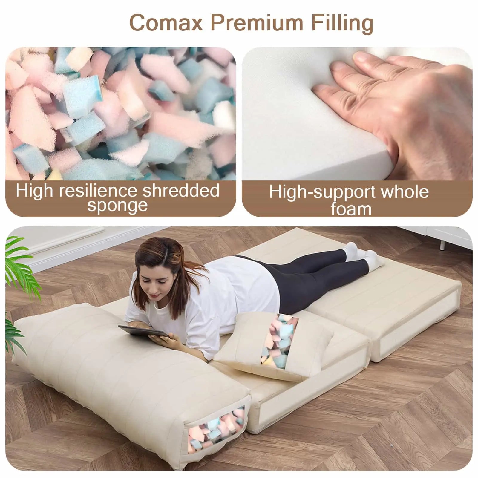 COMAX Folding Sofa Bed-twin|Beige body filled with high quality foam, pillow cushion filled with shredded foam.