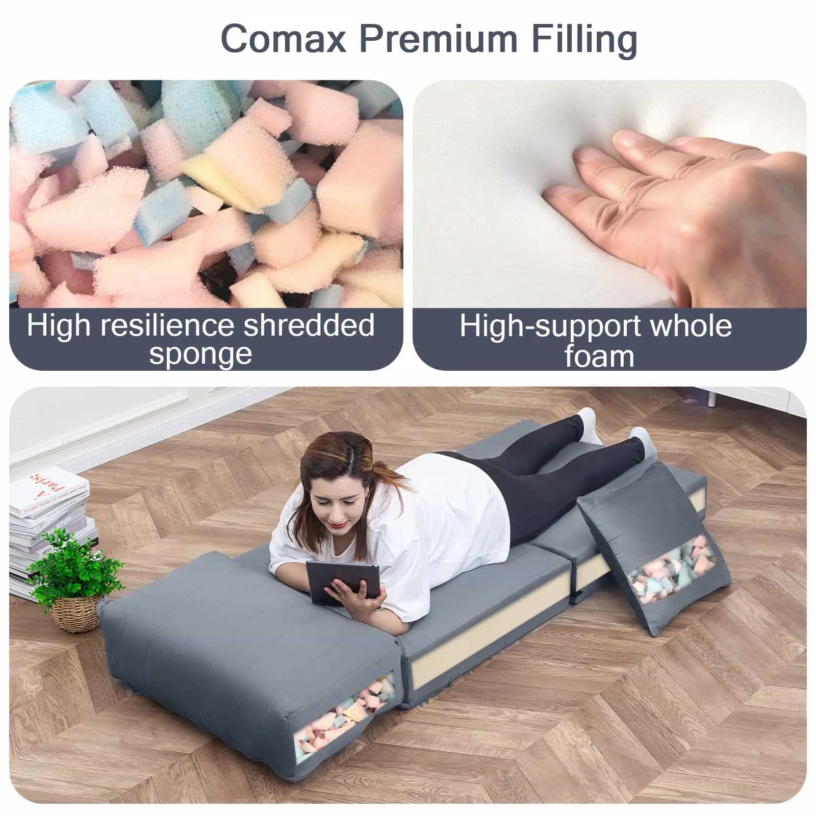 COMAX Folding Sofa Bed-Single|Grey body filled with high quality foam, pillow cushion filled with shredded foam.