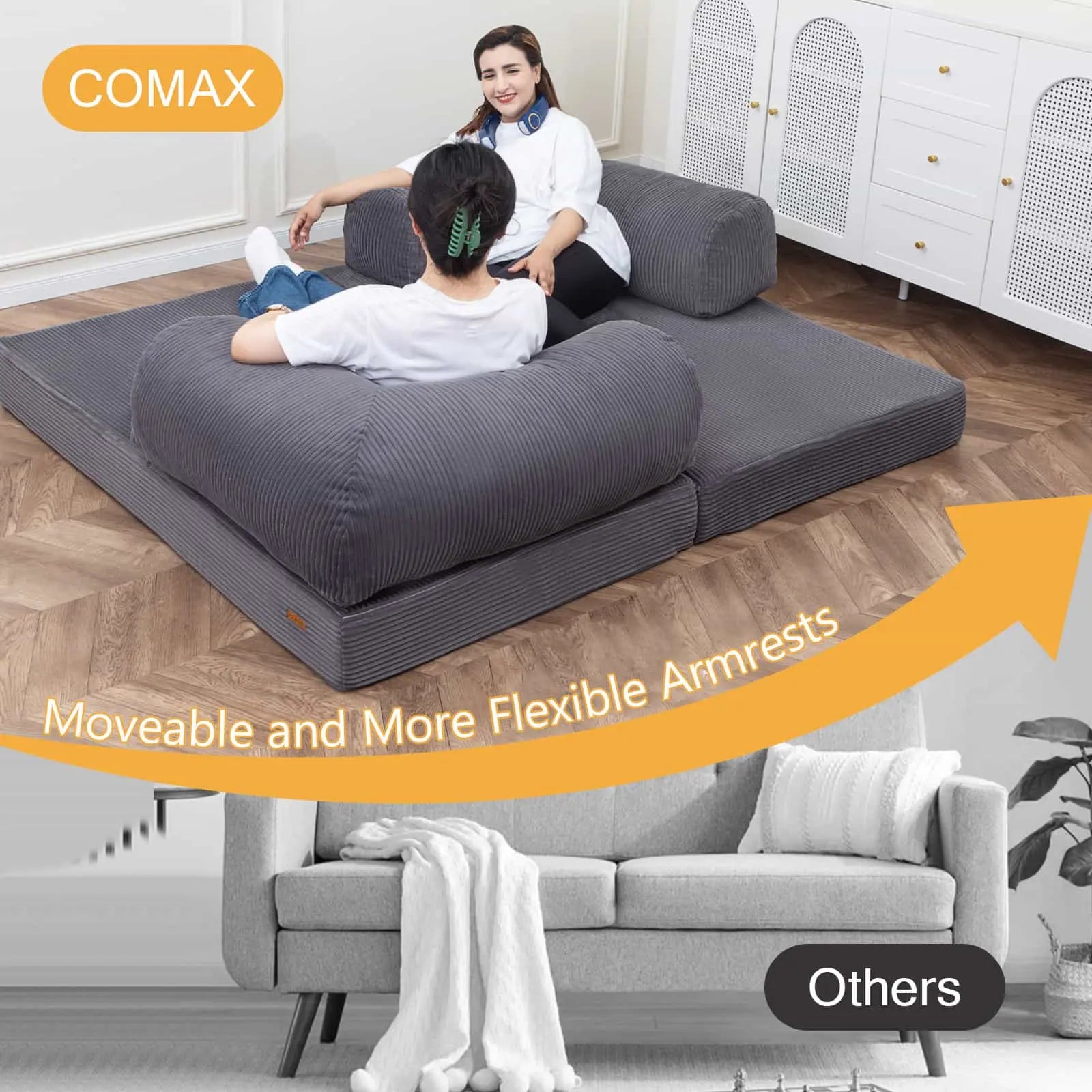 The COMAX Floor Couch Bed has a more convenient removable armrest pillow.