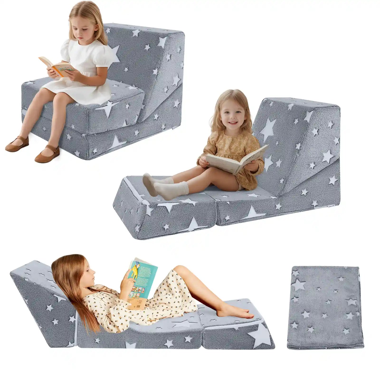 Glowsofa's Glowing Star Children's Fold Out Sofa converts to a floor lounger!