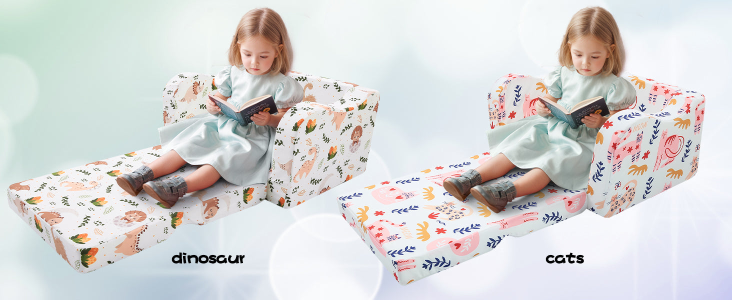 Girl sitting on an unfolded Glowsofa's Children's fold out sofa with Cat patterns and Glowsofa's Children's fold out sofa with Dinosaur patterns