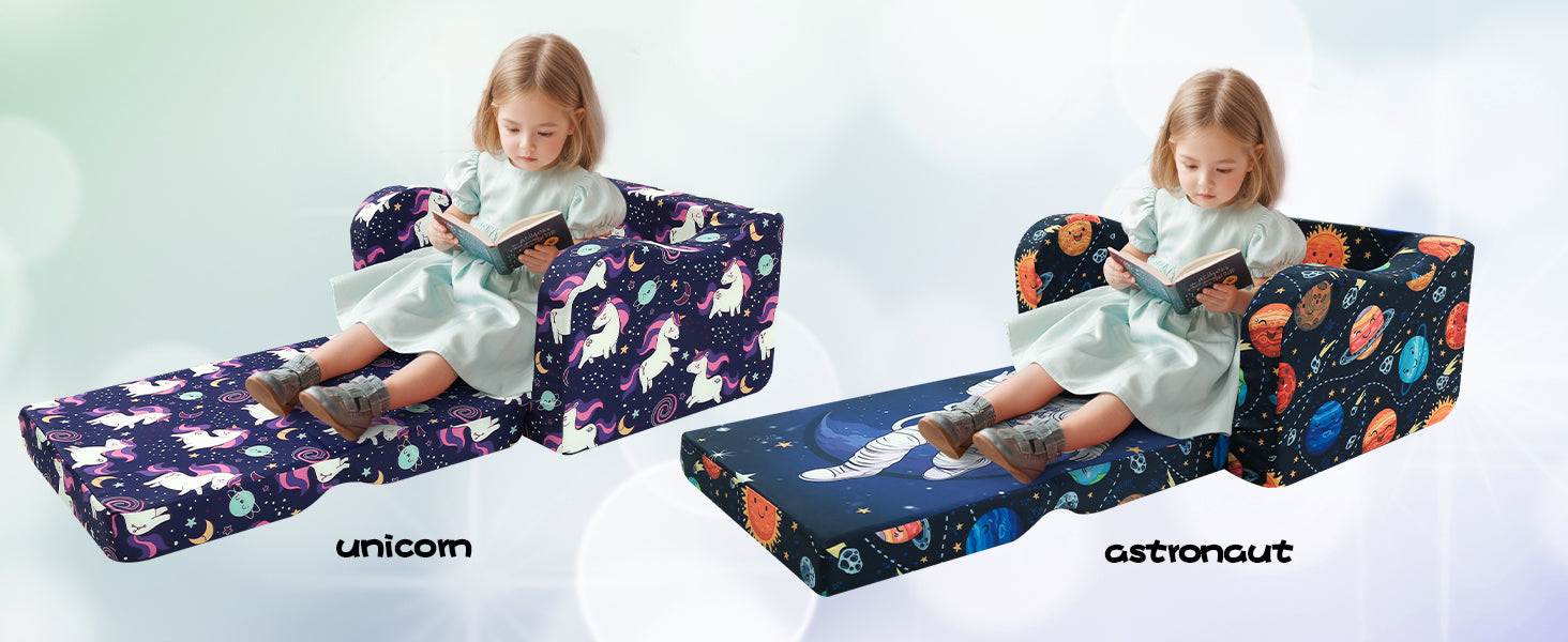 Girl sitting on an unfolded Glowsofa's Children's fold out sofa with Union patterns and Glowsofa's Children's fold out sofa with Astronaut patterns