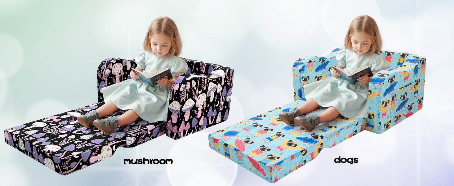 Girl sitting on an unfolded Glowsofa's Children's fold out sofa with Mushroom patterns and Glowsofa's Children's fold out sofa with Dog patterns