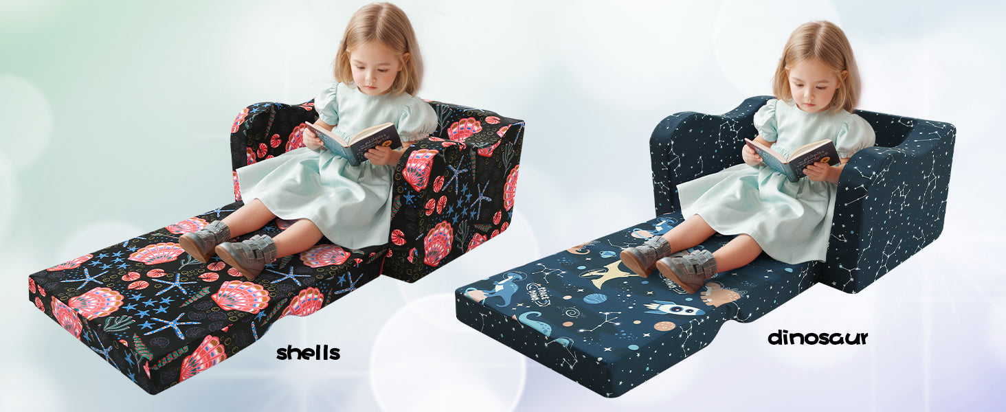 Girl sitting on an unfolded Glowsofa's Children's fold out sofa with Shells patterns and Glowsofa's Children's fold out sofa with Dinosaur patterns