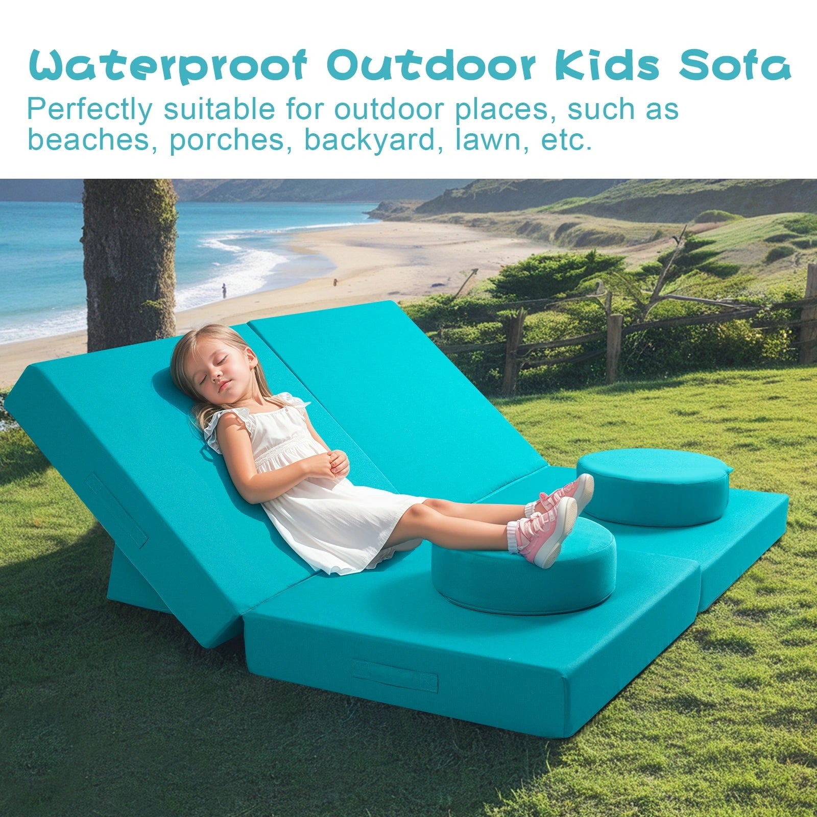 Girl lying on Idee-Home Kids Play Couch-Outdoor Sofas|Blue