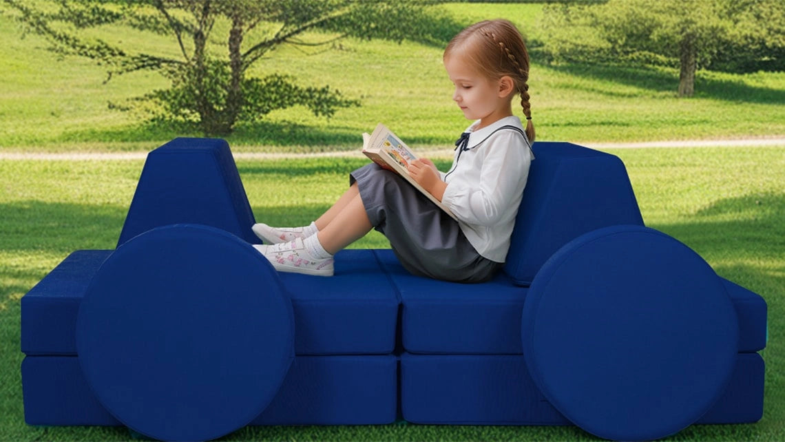 Girls Sitting on Idee-Home Kids Play Couch-Outdoor Sofas|Navy Reading